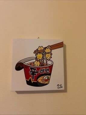 Cute Ramen Cup Canvas Wall Art - Red & Yellow